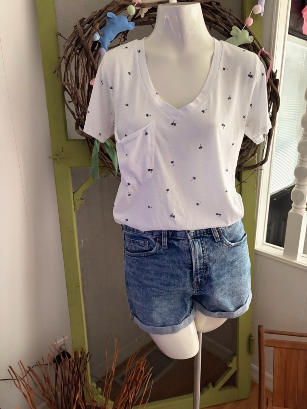 Altered State White V-Neck Pocket Tee with navy Palm Trees
